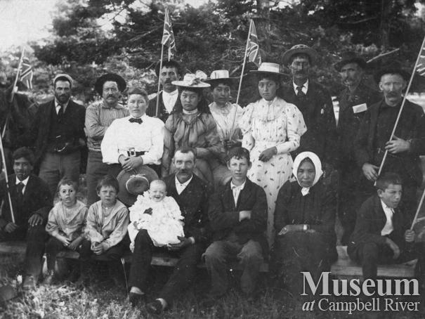 Group of Quadra Island settlers at first community picnic at Drew Harbour