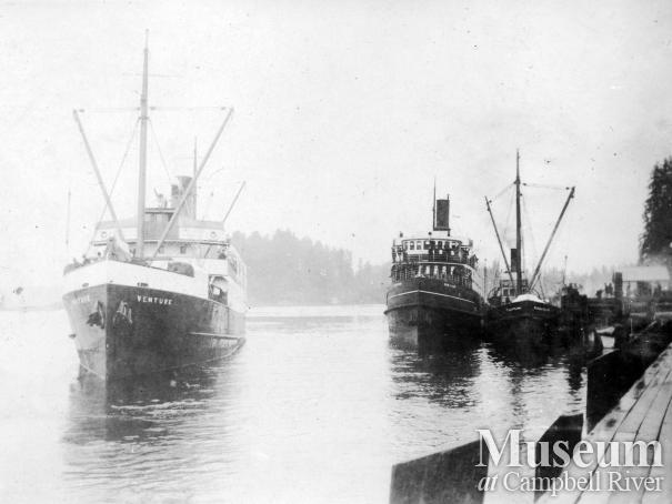 Three Union Steamships at the wharf in Quathiaski Cove