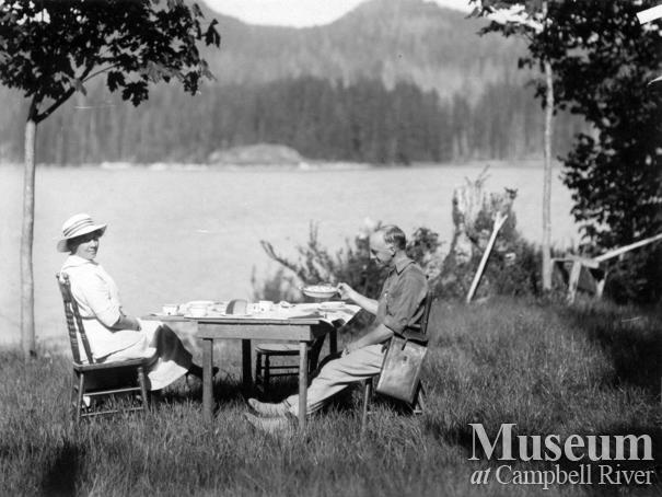 Agnes and Henry Twidle at tea, Quadra Island