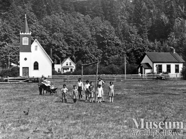 Group of children on field at the Cape Mudge Village, Quadra Island