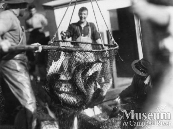 Quathiaski Canning Company seine boat crew brailing salmon