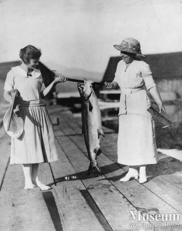Agnes Twidle and Miss Hope at Rock Bay with a 41 lb Salmon