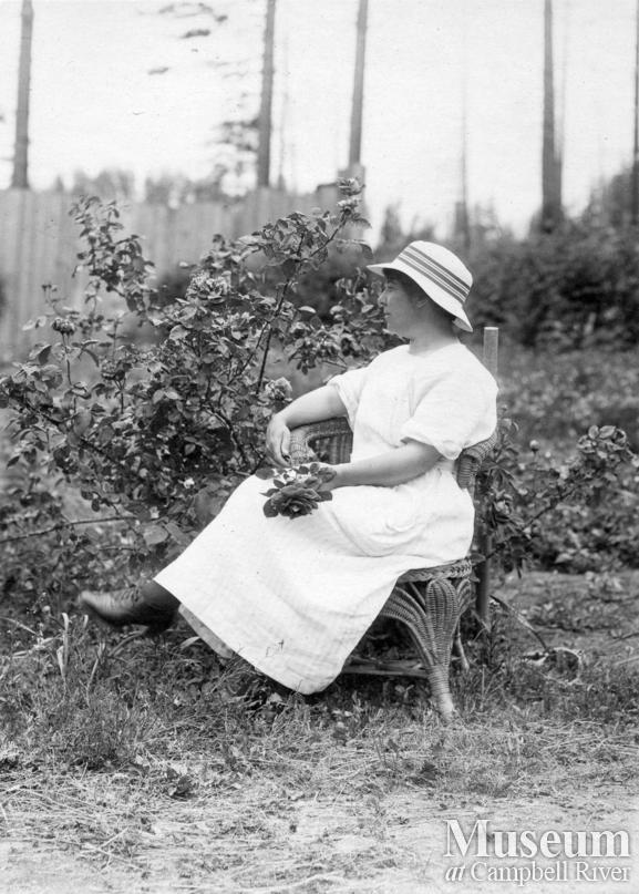 Agnes Twidle in her garden, Granite Bay, Quadra Island
