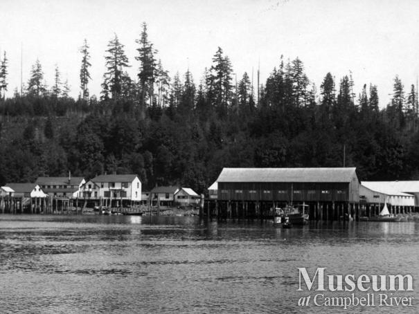 View of Quathiaski Cove Cannery and new net loft, Quadra Island