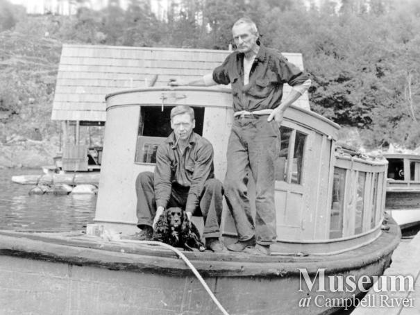 Wood, Armitage, and Toby the dog at Refuge Cove, West Redonda Island