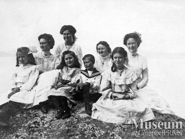 Group of Quadra ladies and their children on the beach, Quadra Island